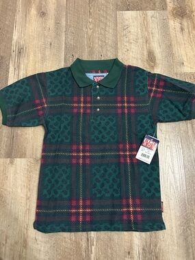 Vintage Bugle Boy Green Plaid Polo with Red Accents